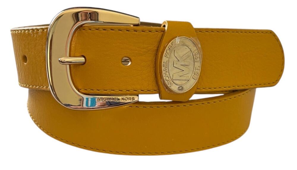 Michael Kors Women’s Yellow Logo Gold Buckle Dress Belt Size XL 40”NWT